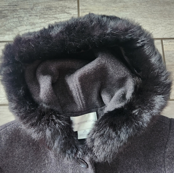 Worthington Long Wool Womens Trench Coat 10 P Rabbit Fur Trim Hooded Gray Vtg - Picture 13 of 15